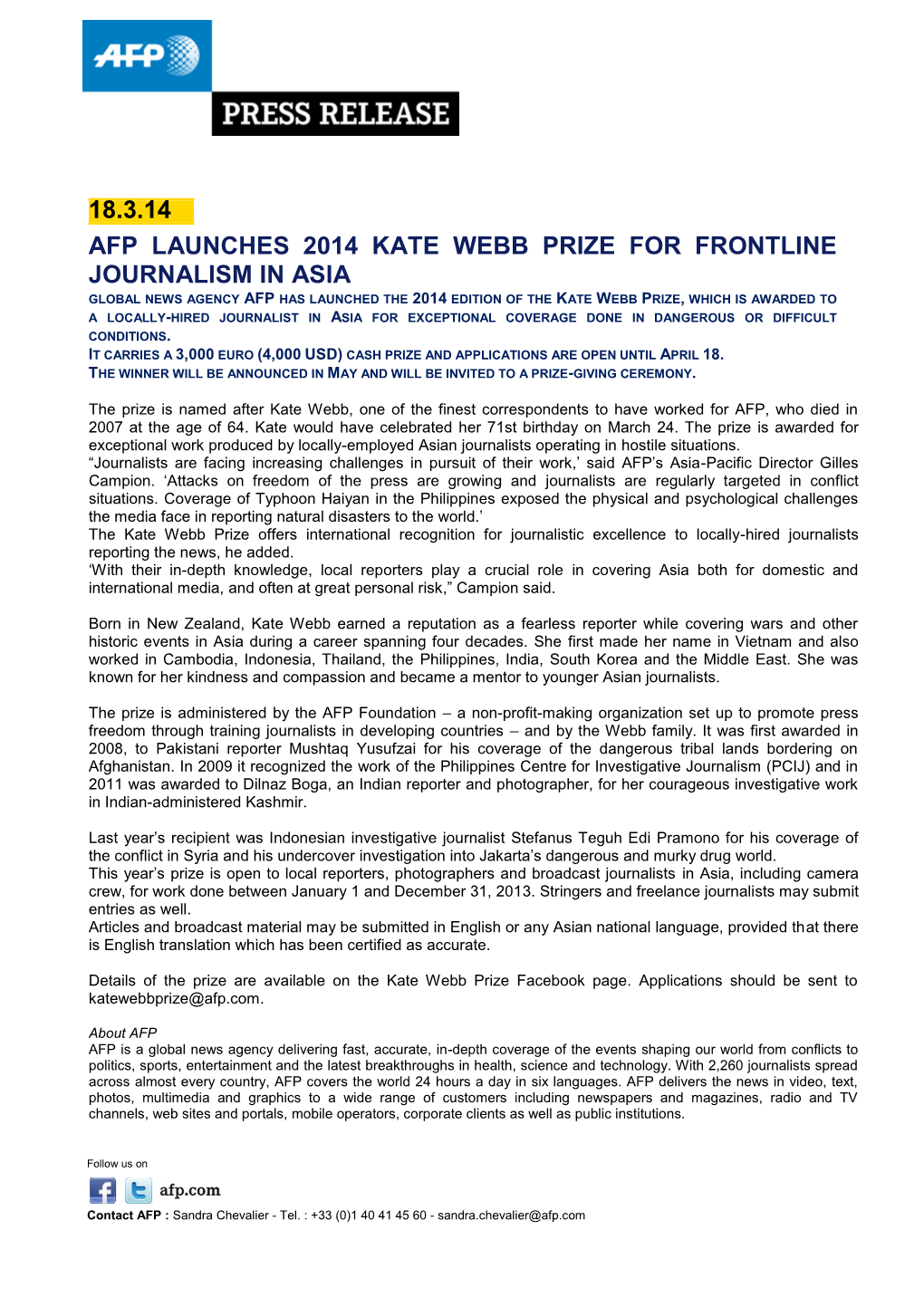 18.3.14 Afp Launches 2014 Kate Webb Prize for Frontline