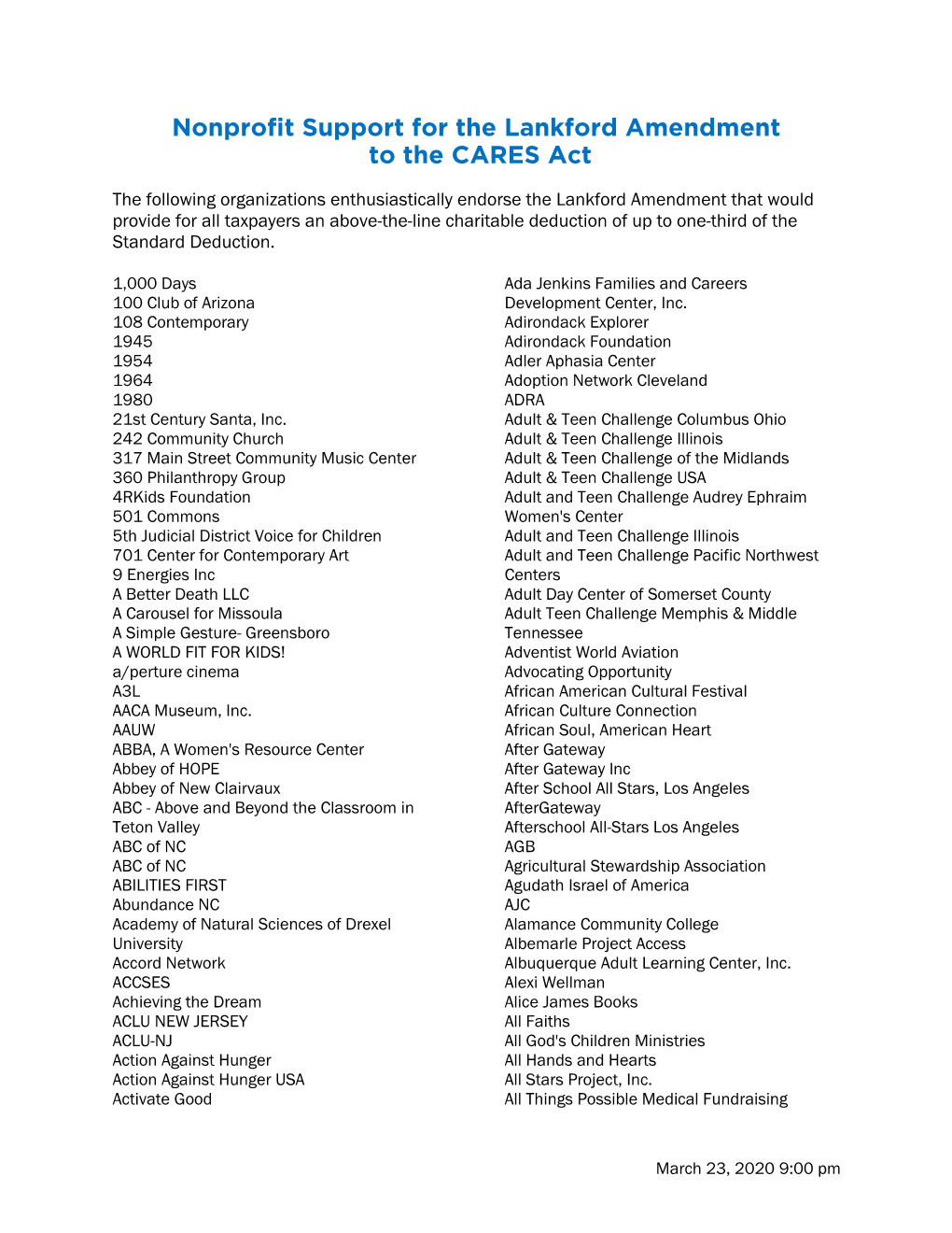 Nonprofit Support for the Lankford Amendment to the CARES Act