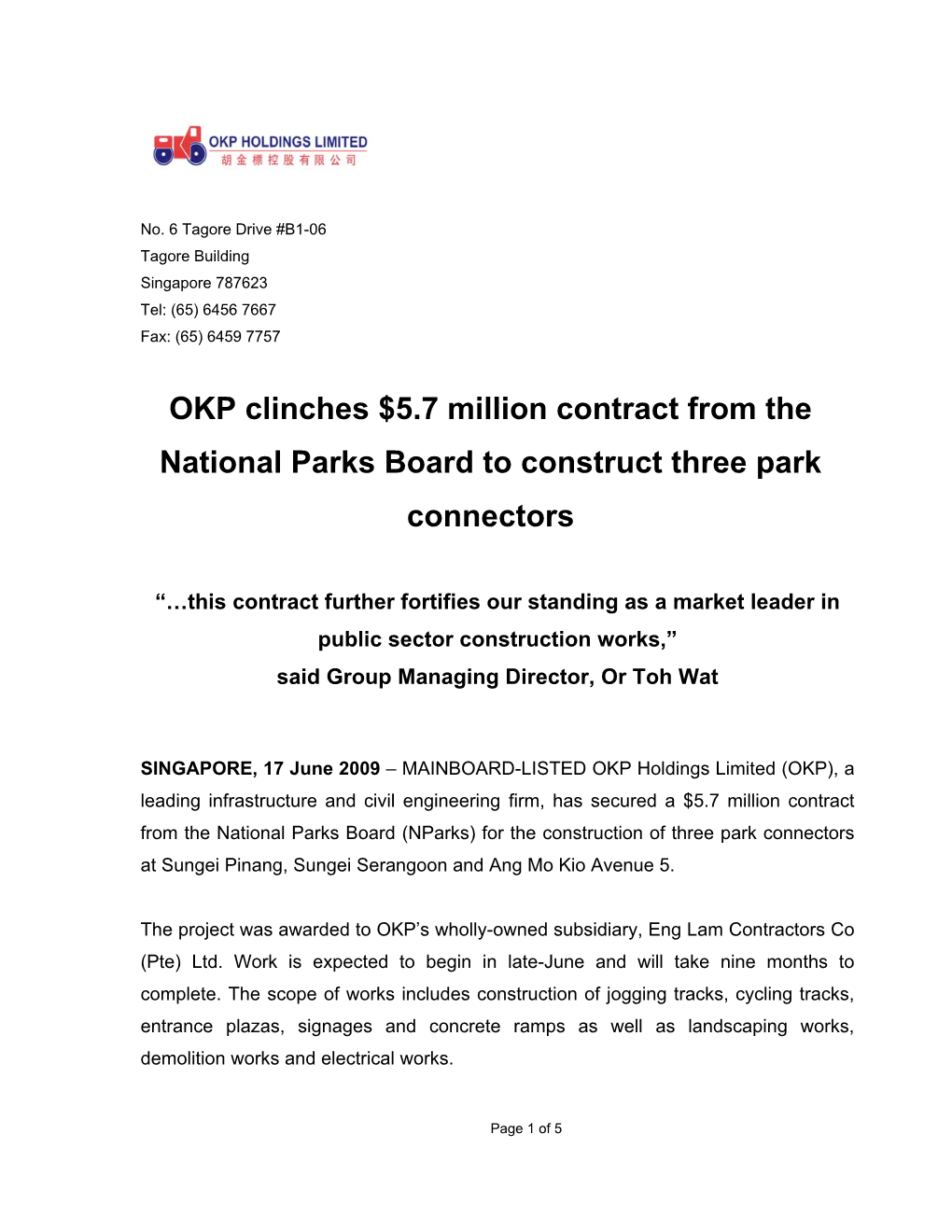 OKP Clinches $5.7 Million Contract from the National Parks Board to Construct Three Park Connectors