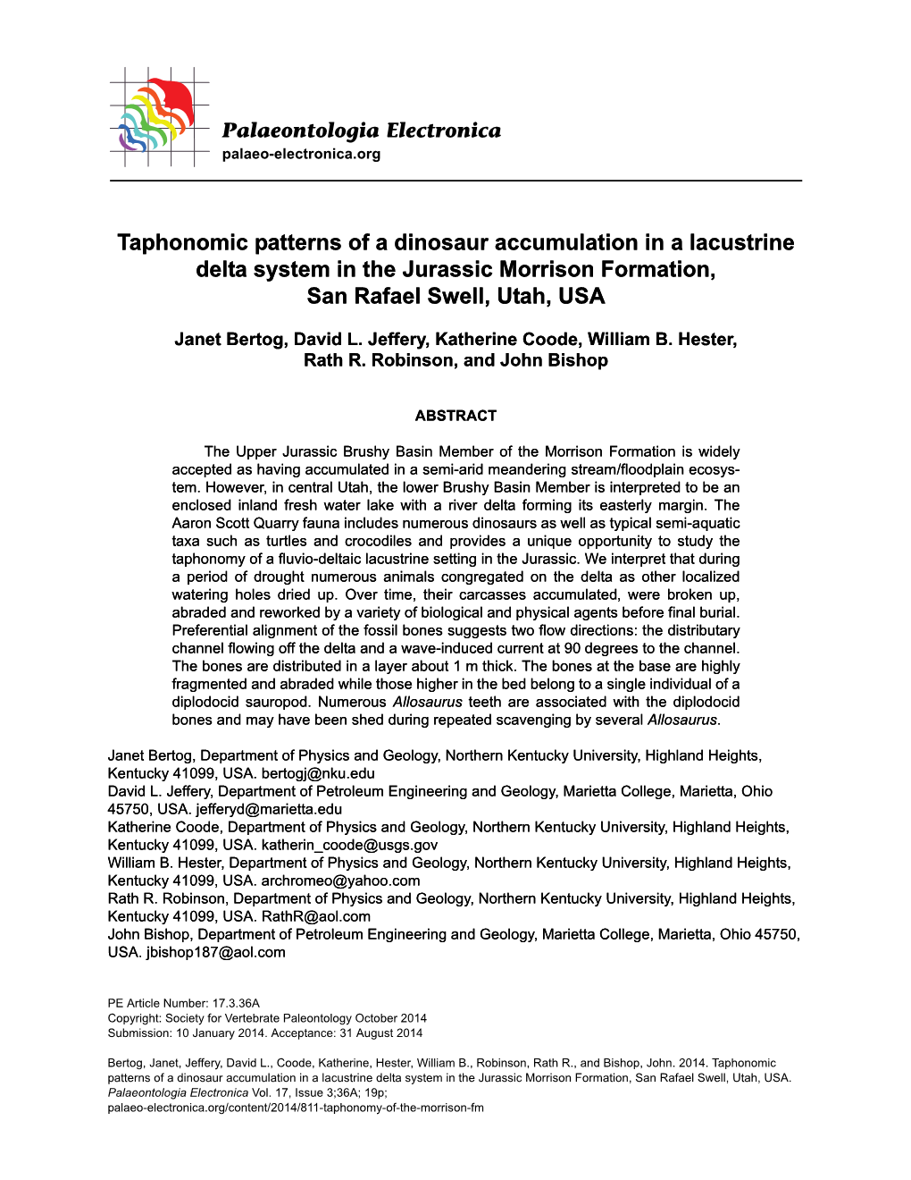 Taphonomic Patterns of a Dinosaur Accumulation in a Lacustrine Delta System in the Jurassic Morrison Formation, San Rafael Swell, Utah, USA