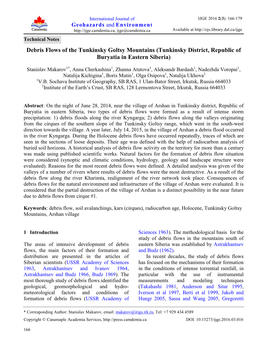 Debris Flows of the Tunkinsky Goltsy Mountains (Tunkinsky District, Republic of Buryatia in Eastern Siberia)