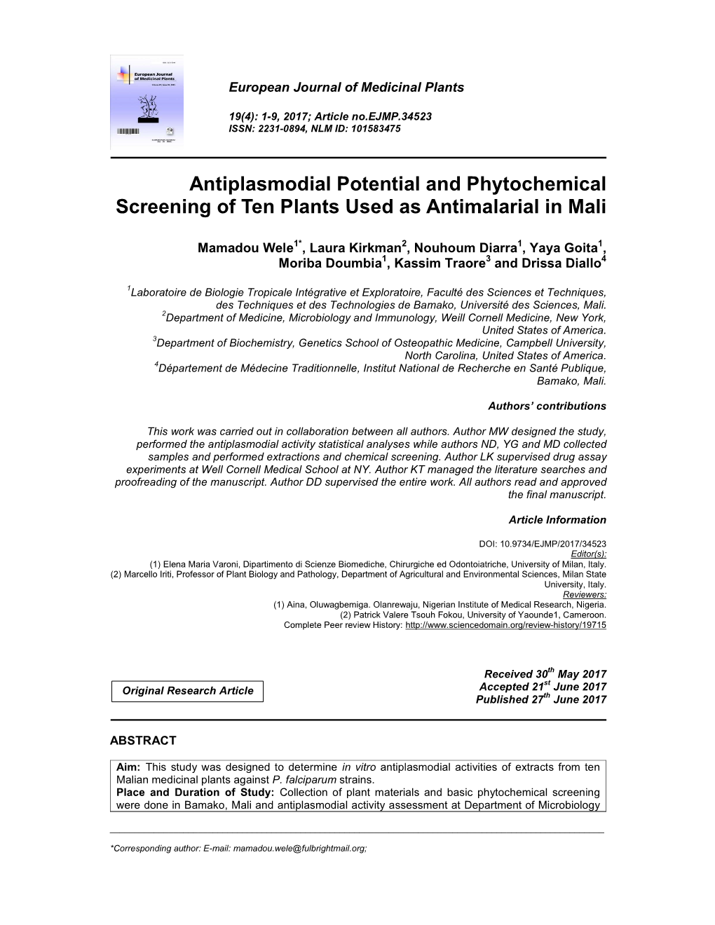 Antiplasmodial Potential and Phytochemical Screening of Ten Plants Used As Antimalarial in Mali