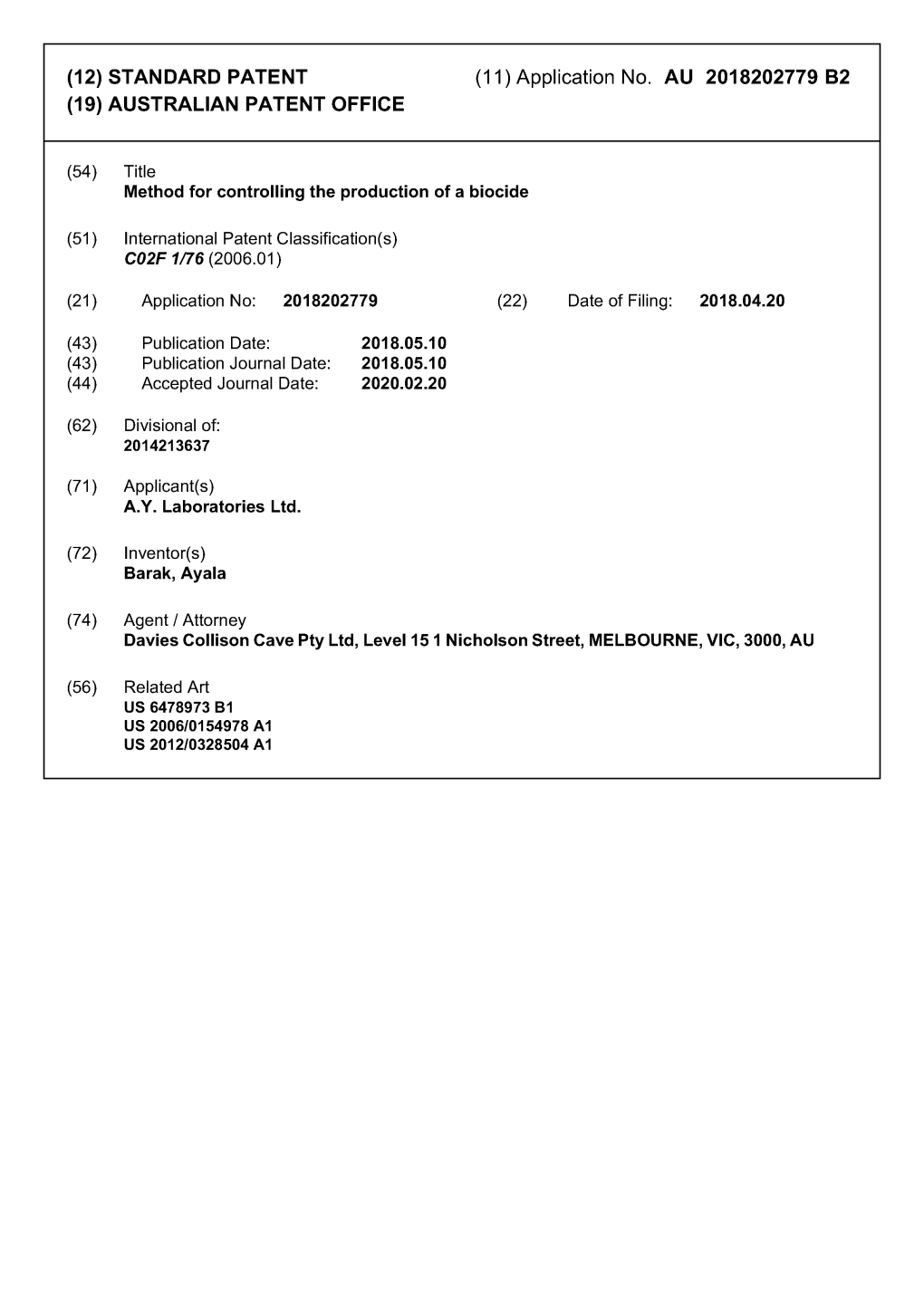 (12) STANDARD PATENT (19) AUSTRALIAN PATENT OFFICE (11) Application No. AU 2018202779 B2