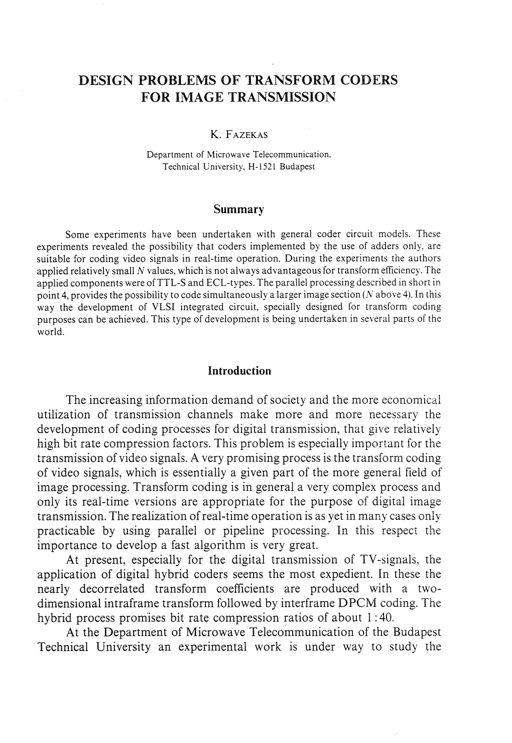 Design Problems of Transform Coders for Image Transmission