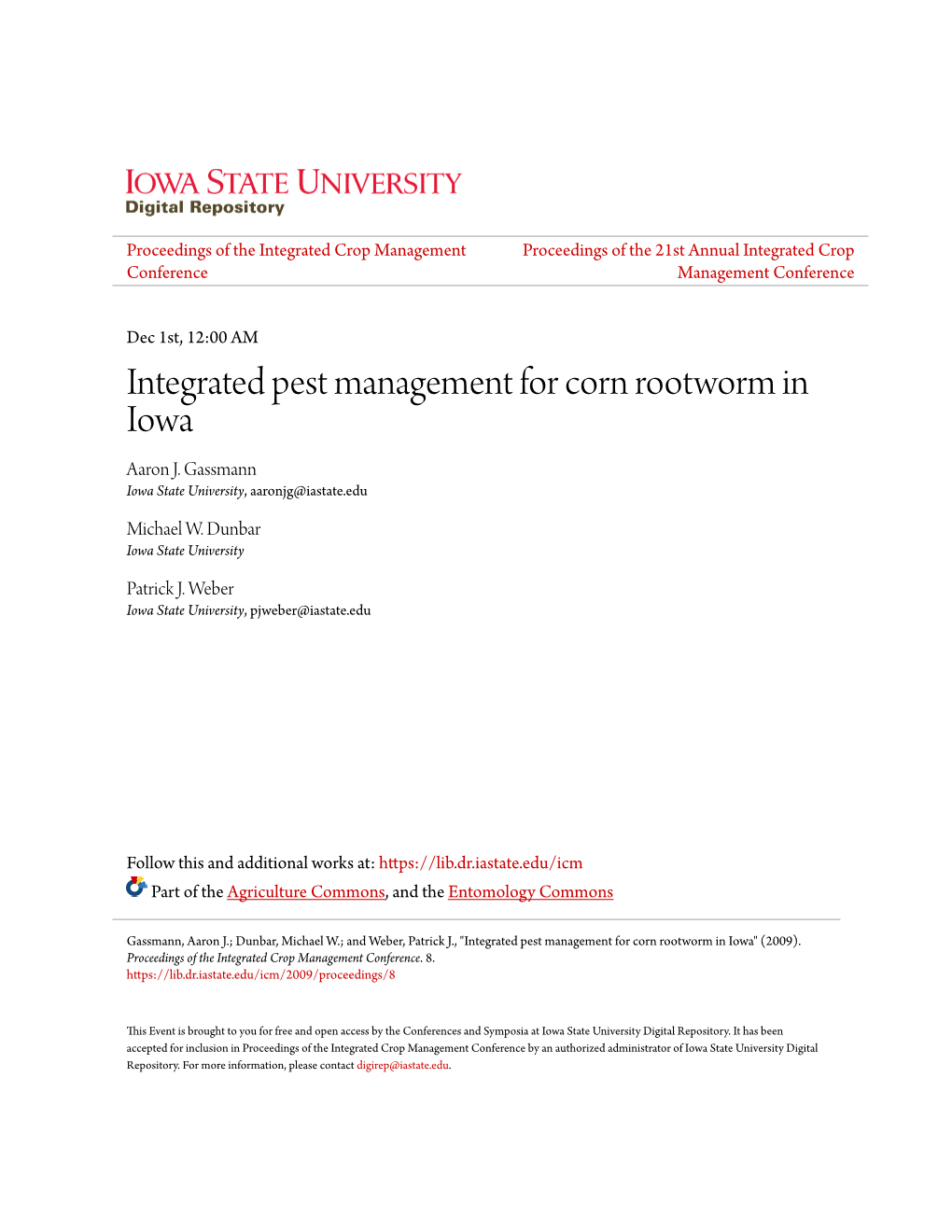 Integrated Pest Management for Corn Rootworm in Iowa Aaron J