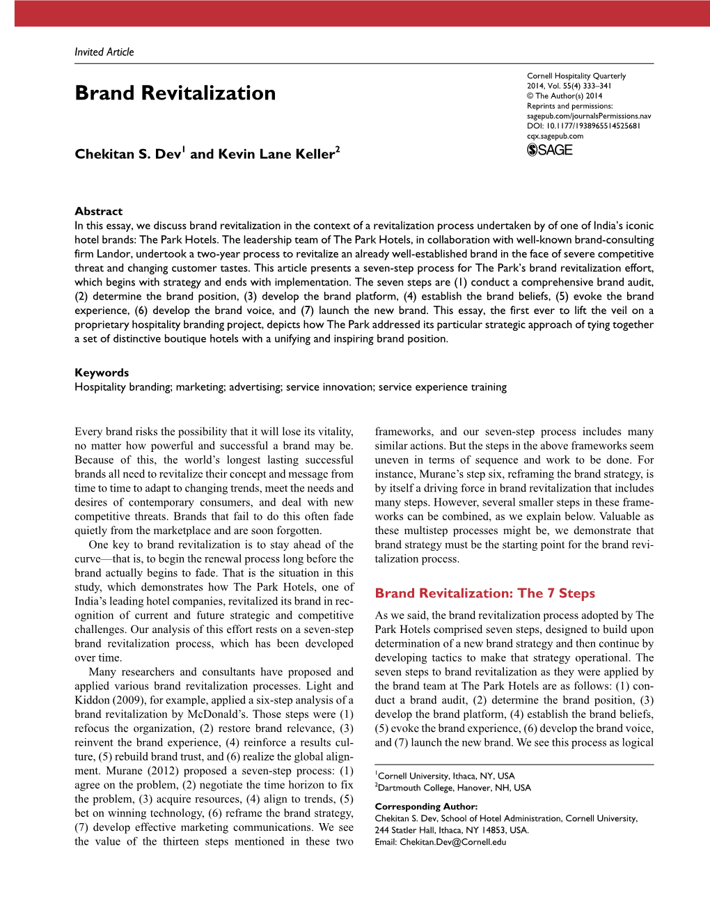 Brand Revitalization © the Author(S) 2014 Reprints and Permissions: Sagepub.Com/Journalspermissions.Nav DOI: 10.1177/1938965514525681 Cqx.Sagepub.Com Chekitan S