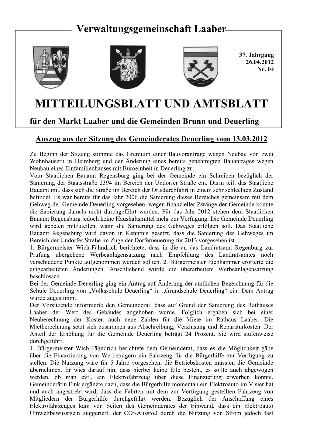 MITTEILUNGSBLATT UND AMTSBLATT Für Den Markt Laaber Und Die Gemeinden Brunn Und Deuerling