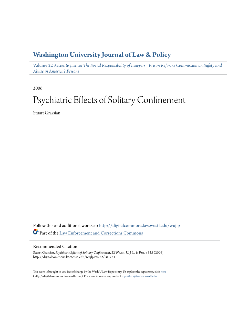 Psychiatric Effects of Solitary Confinement Stuart Grassian