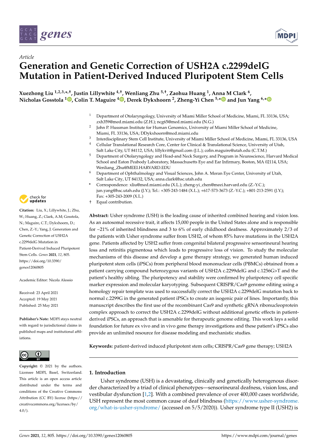 Generation and Genetic Correction of USH2A C.2299Delg Mutation in Patient-Derived Induced Pluripotent Stem Cells