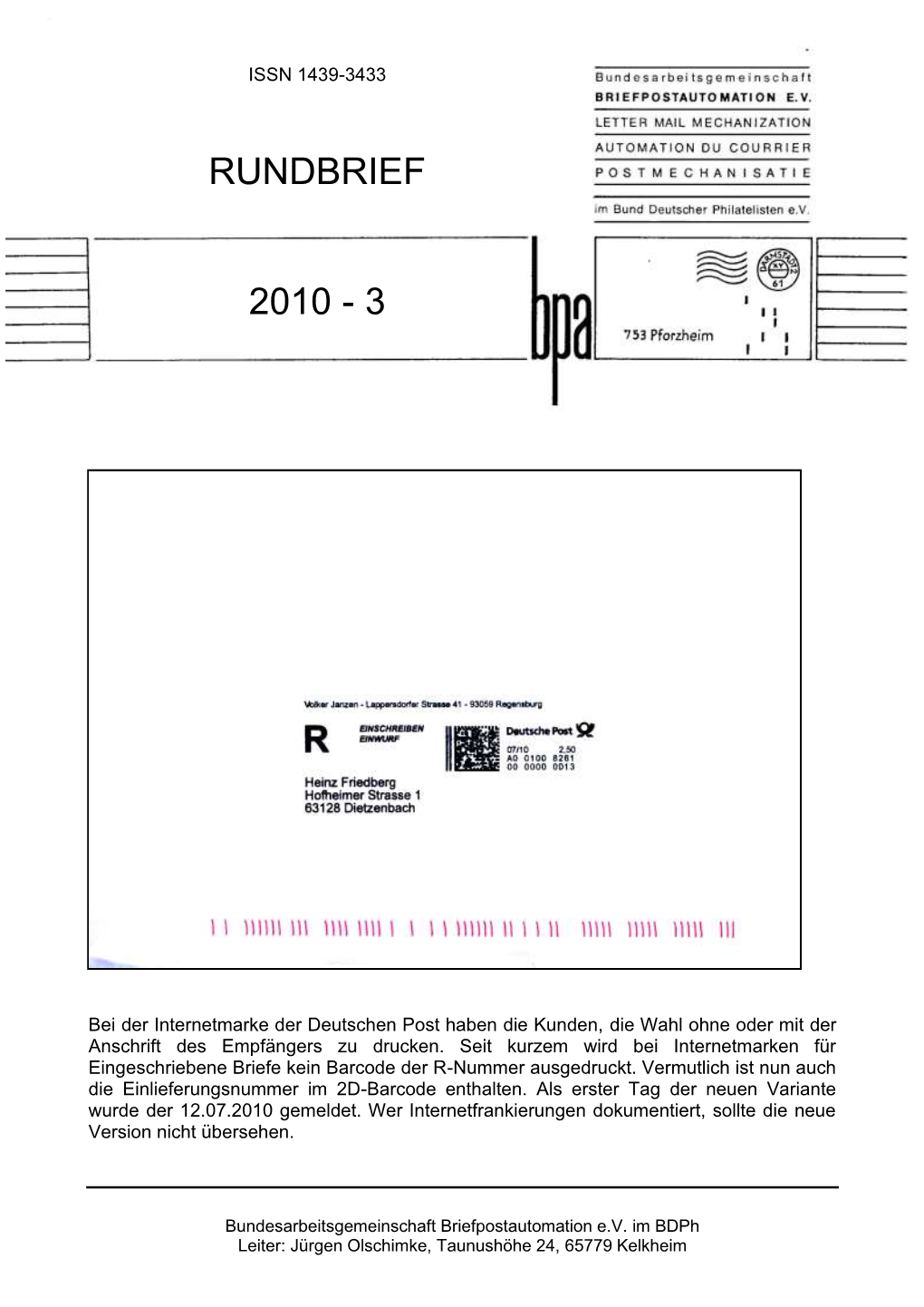 Rundbrief 2010-3 Inhalt ______Kurznachrichten 139 ______001