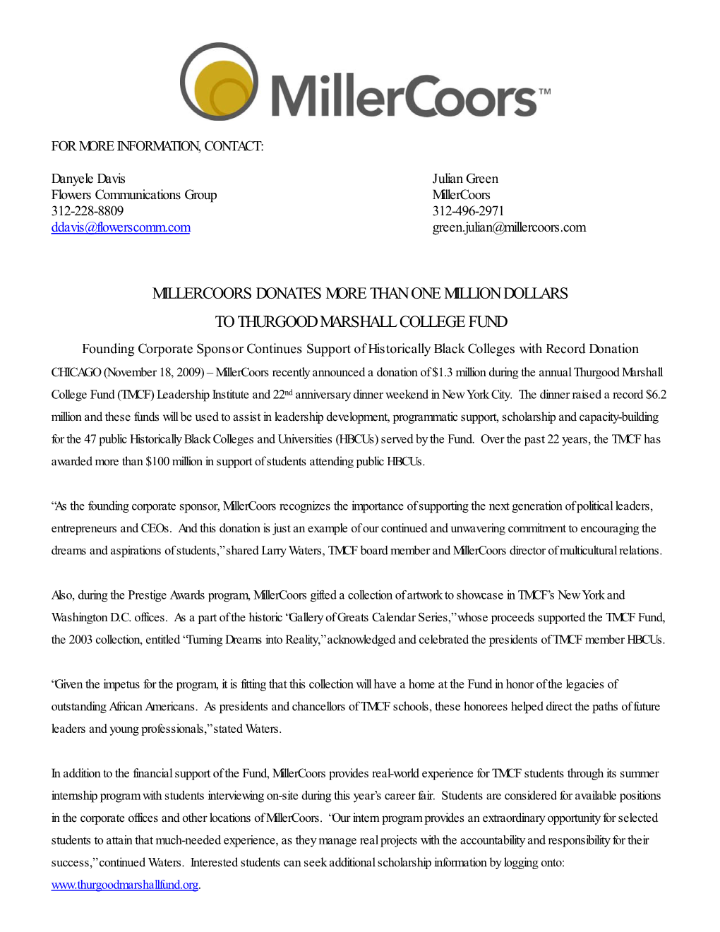Millercoors Donates More Than One Million Dollars to Thurgood Marshall College Fund