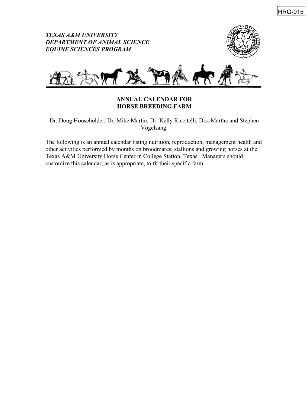 Annual Calendar for Horse Breeding Farm