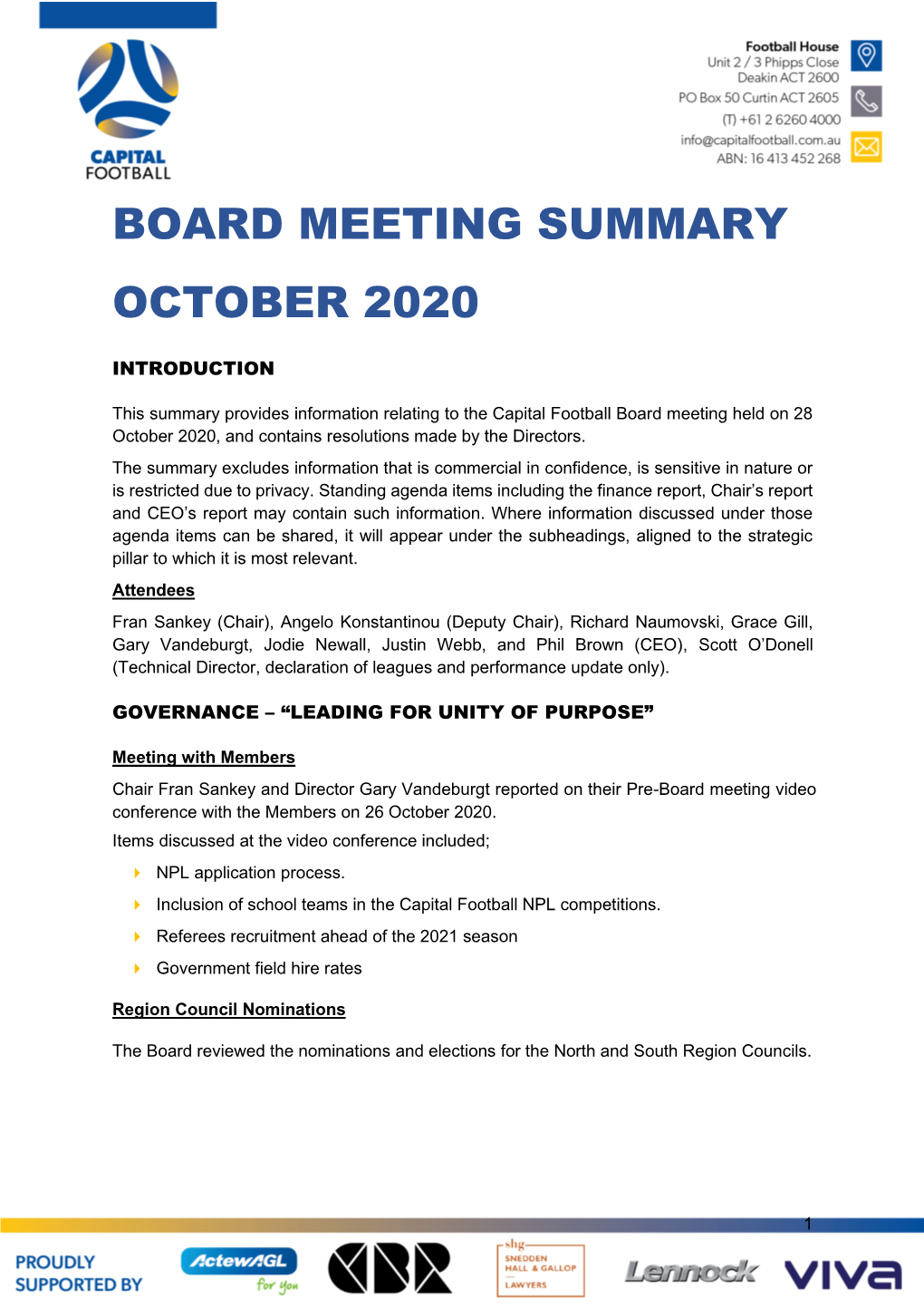 Board Meeting Summary October 2020
