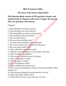The Story of My Life by Helen Keller This Question Bank Consists of 195 Questions (1Marks and 2Marks) from 23 Chapters of the Novel