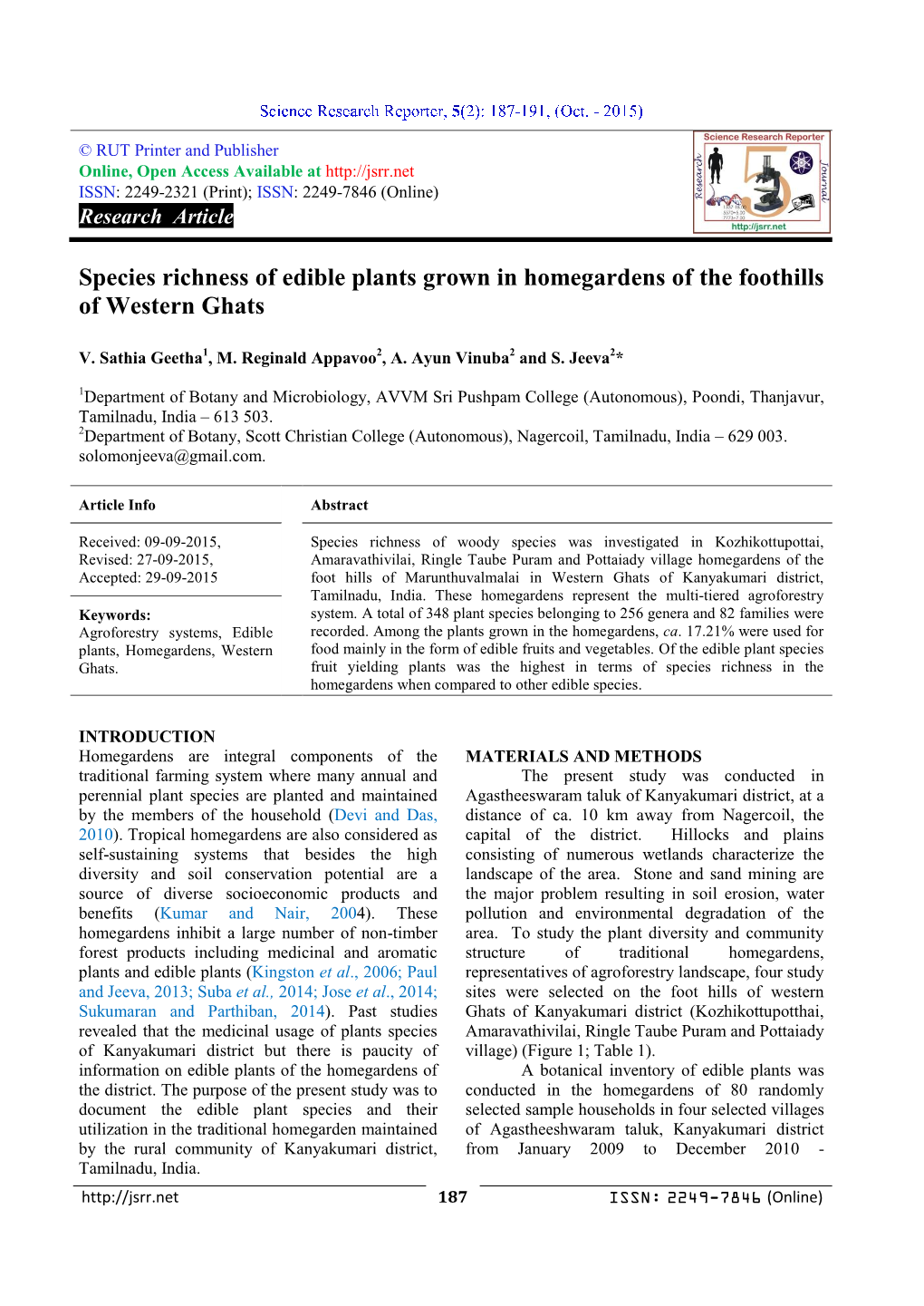 Species Richness of Edible Plants Grown in Homegardens of the Foothills of Western Ghats