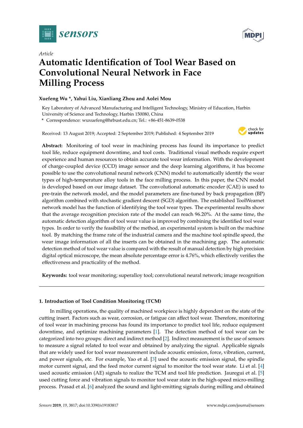 Automatic Identification of Tool Wear Based on Convolutional Neural