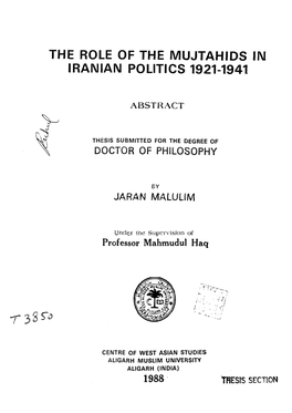 The Role of the Mujtahids Iw Iranian Politics 1921-1941