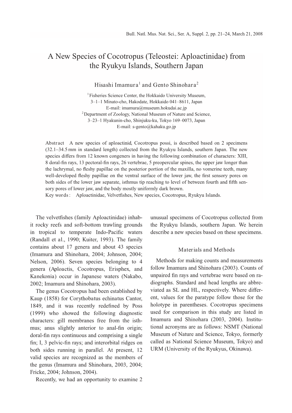 A New Species of Cocotropus (Teleostei: Aploactinidae) from the Ryukyu Islands, Southern Japan