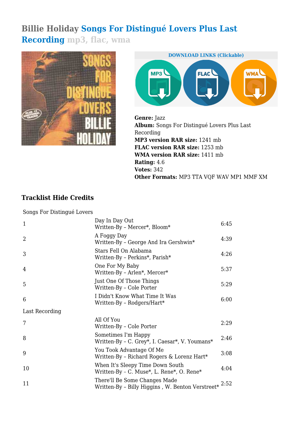 Billie Holiday Songs for Distingué Lovers Plus Last Recording Mp3, Flac, Wma