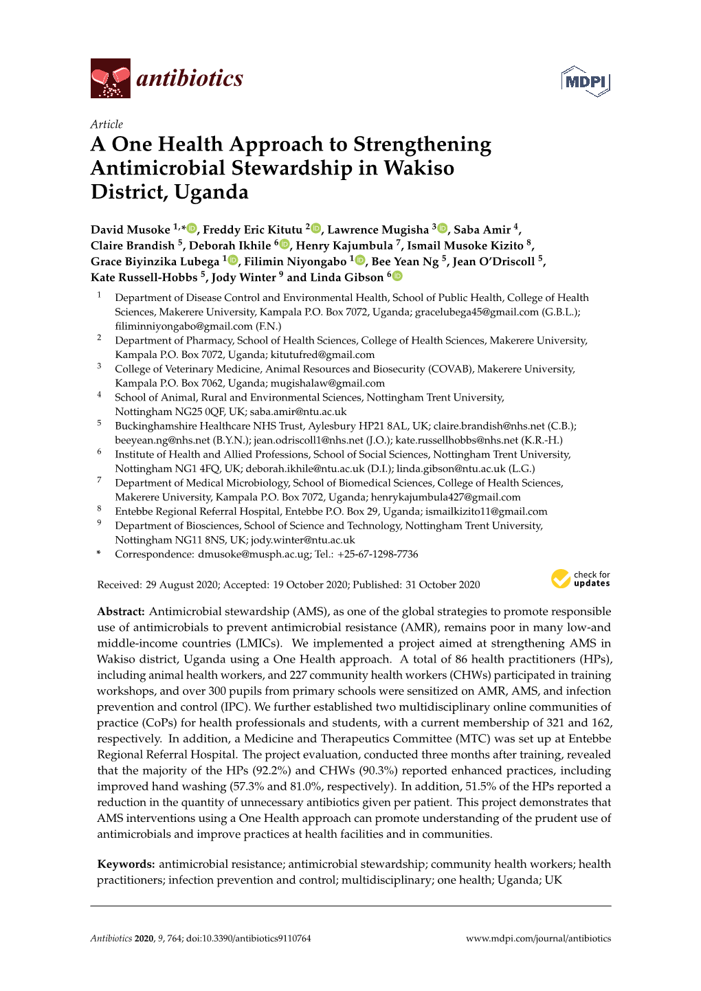 A One Health Approach to Strengthening Antimicrobial Stewardship in Wakiso District, Uganda