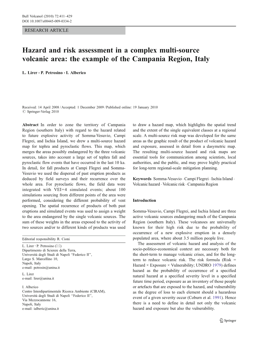 Hazard and Risk Assessment in a Complex Multi-Source Volcanic Area: the Example of the Campania Region, Italy