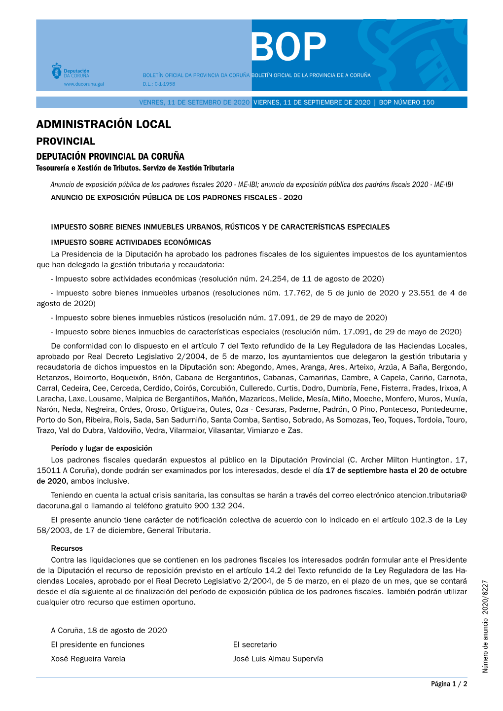 Administración Local Provincial Deputación Provincial Da Coruña Tesourería E Xestión De Tributos