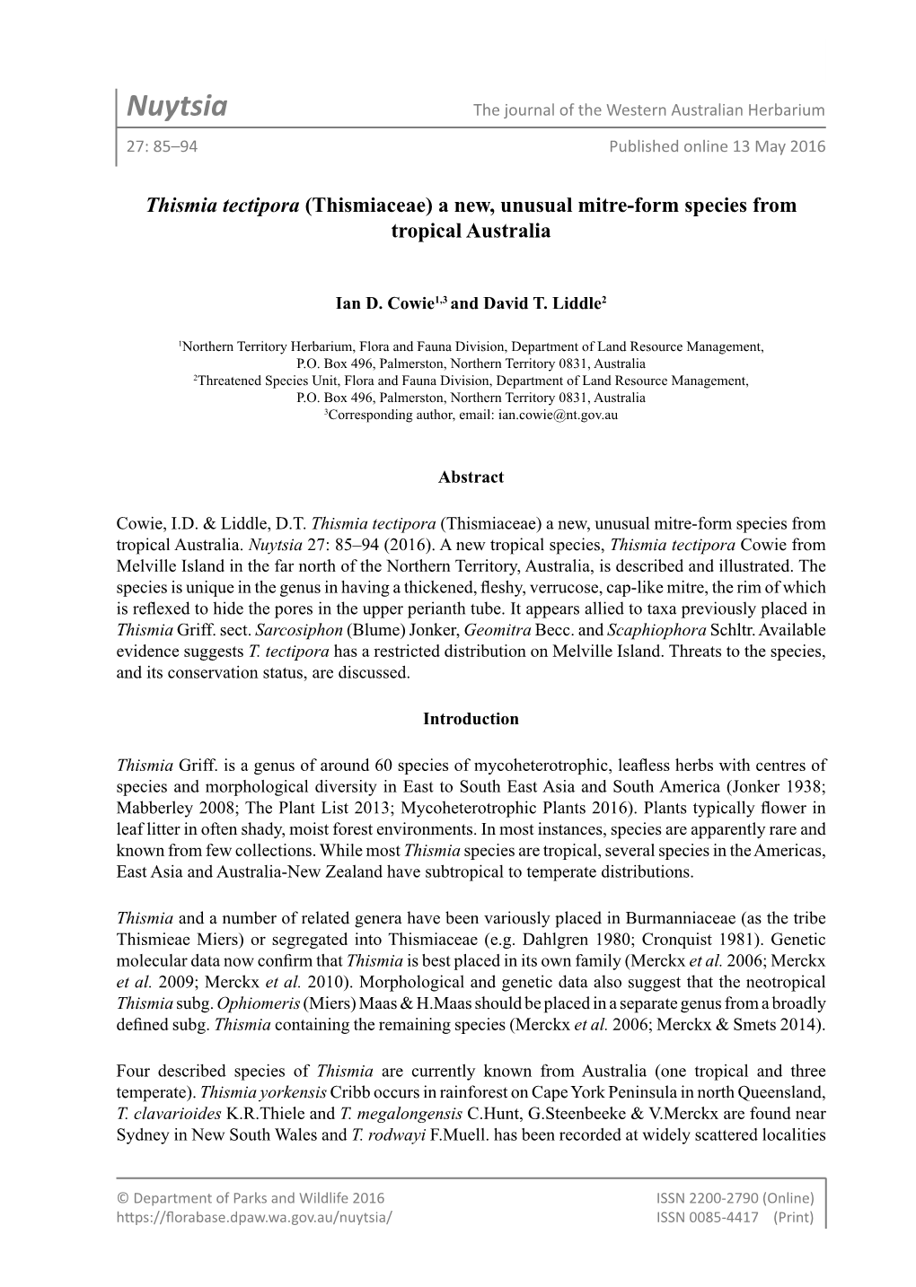 Nuytsia the Journal of the Western Australian Herbarium 27: 85–94 Published Online 13 May 2016