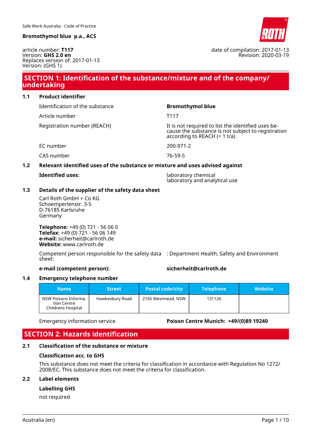 Safety Data Sheet: Bromothymol Blue