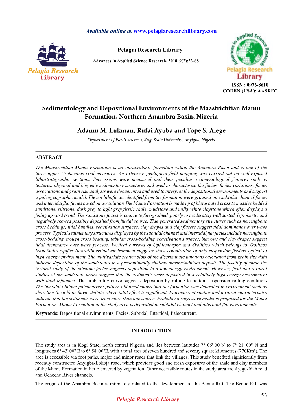 Sedimentology and Depositional Environments of the Maastrichtian Mamu Formation, Northern Anambra Basin, Nigeria