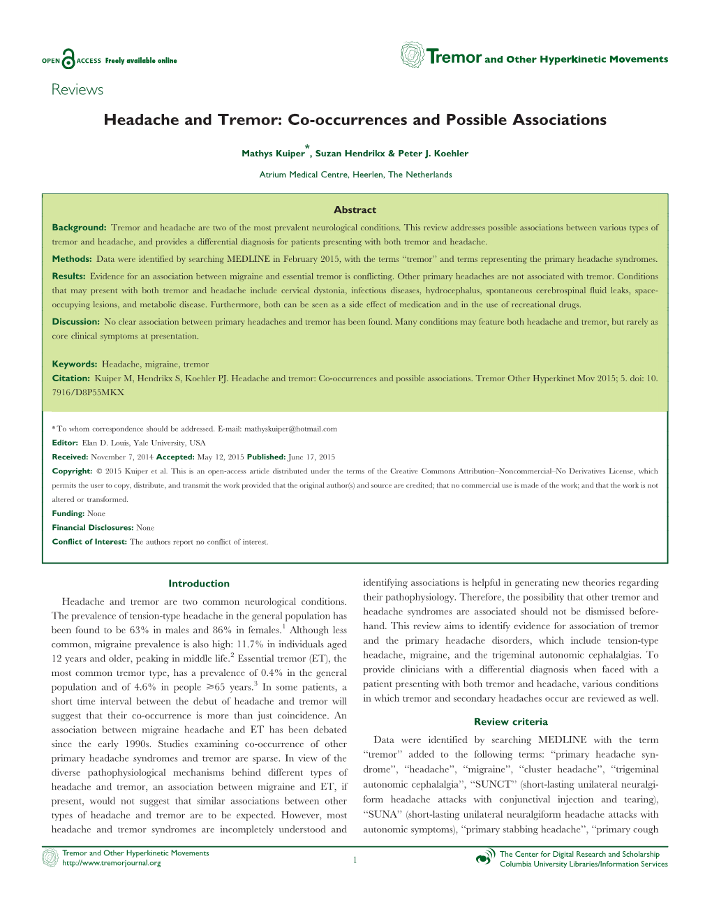 Reviews Headache and Tremor: Co-Occurrences and Possible Associations