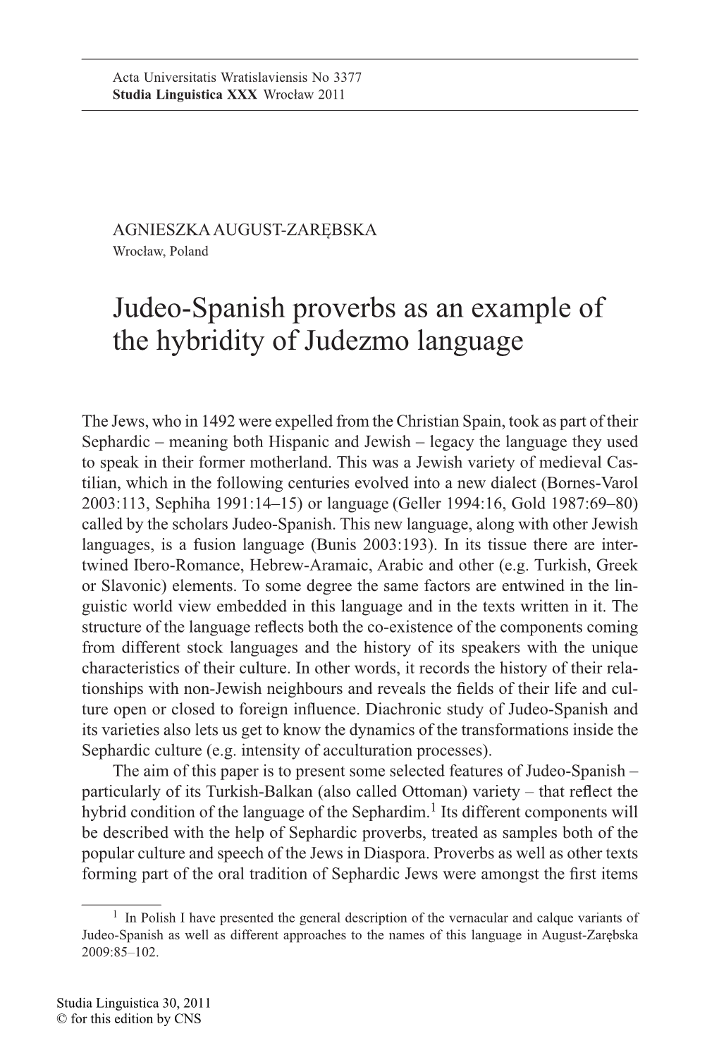 Judeo-Spanish Proverbs As an Example of the Hybridity of Judezmo Language