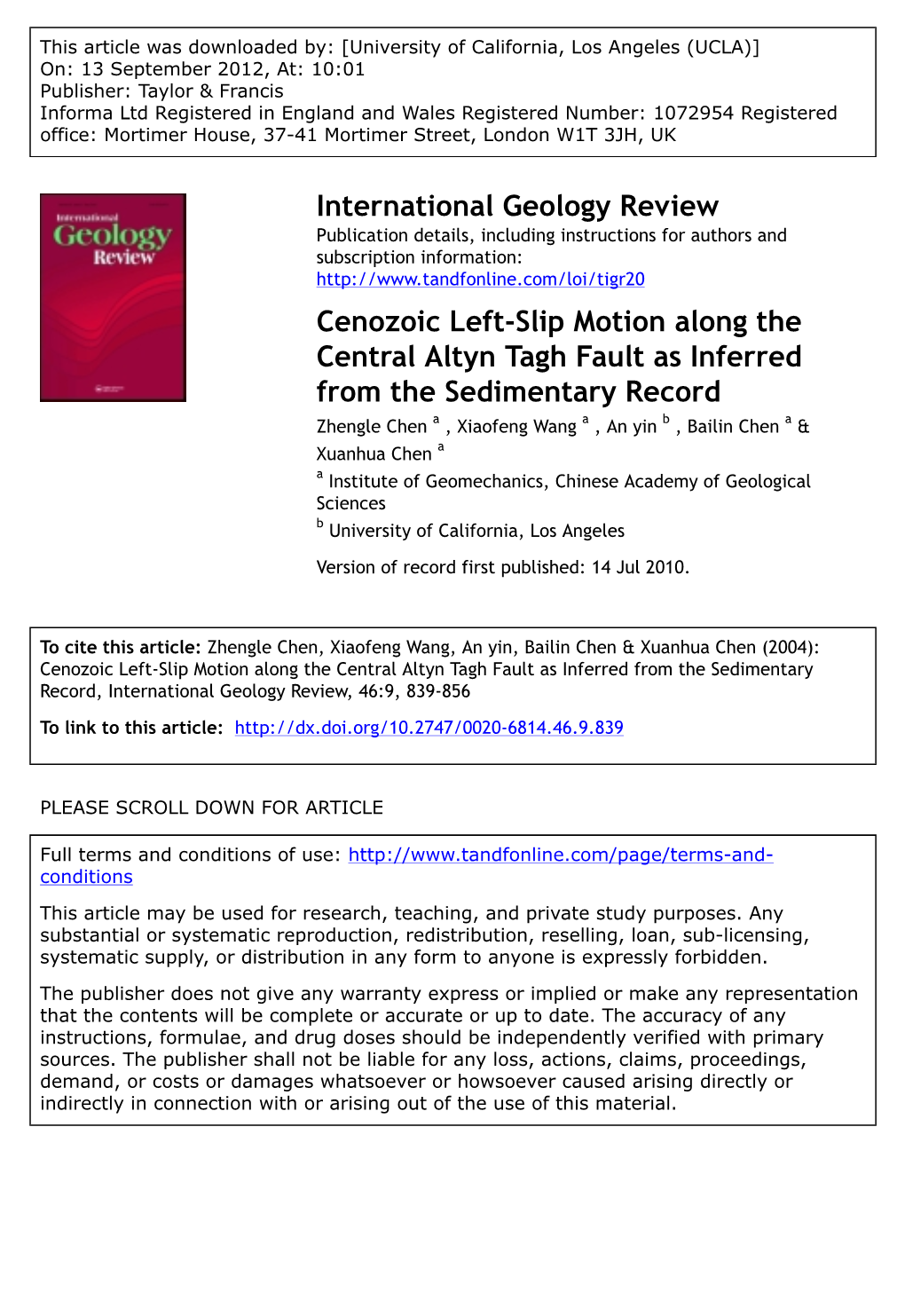 Cenozoic Left-Slip Motion Along the Central Altyn Tagh Fault As Inferred