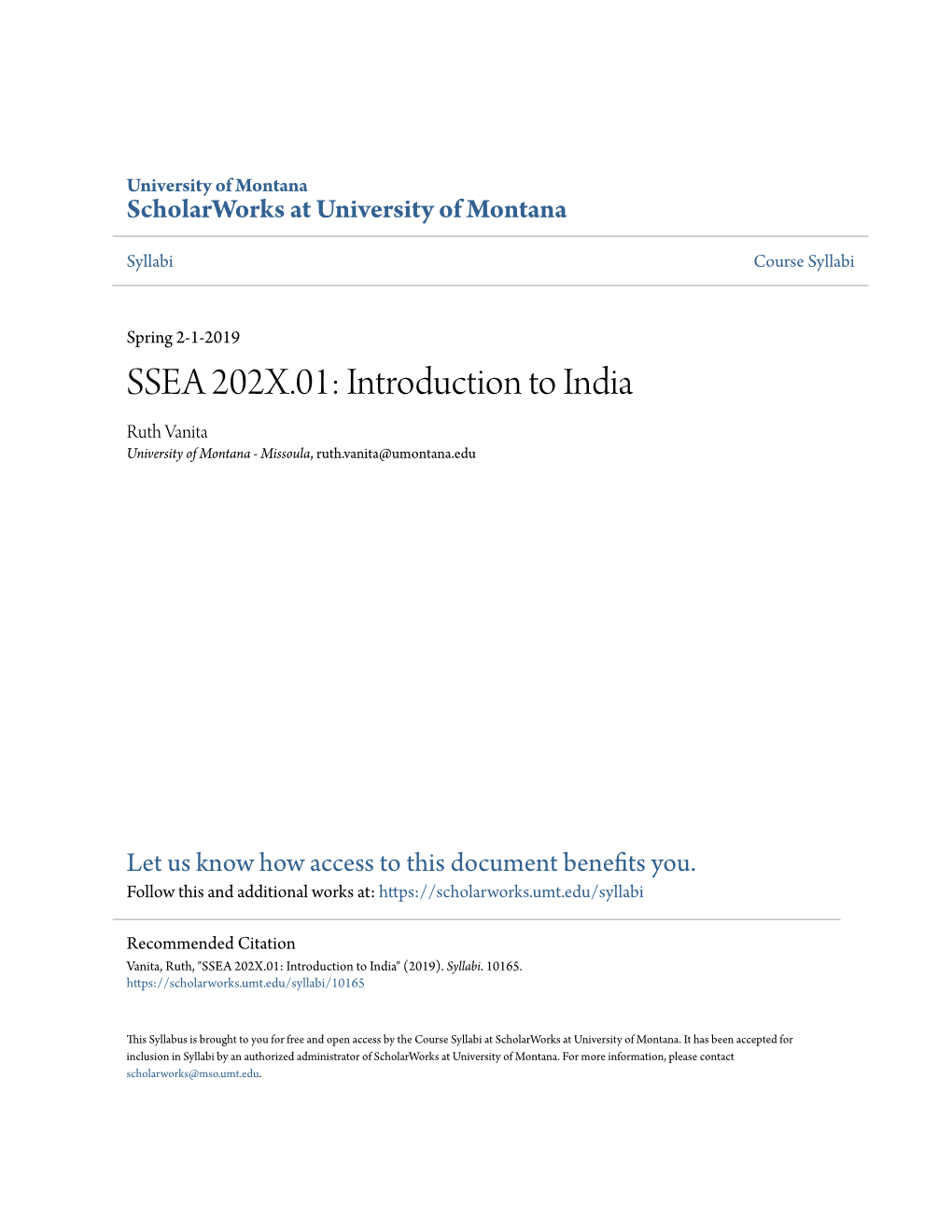 SSEA 202X.01: Introduction to India Ruth Vanita University of Montana - Missoula, Ruth.Vanita@Umontana.Edu