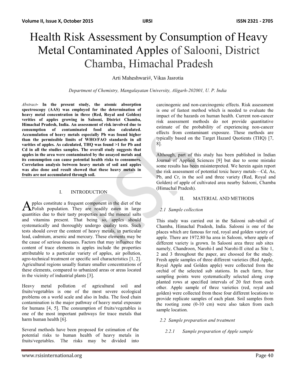 Health Risk Assessment by Consumption of Heavy Metal Contaminated Apples of Salooni, District Chamba, Himachal Pradesh