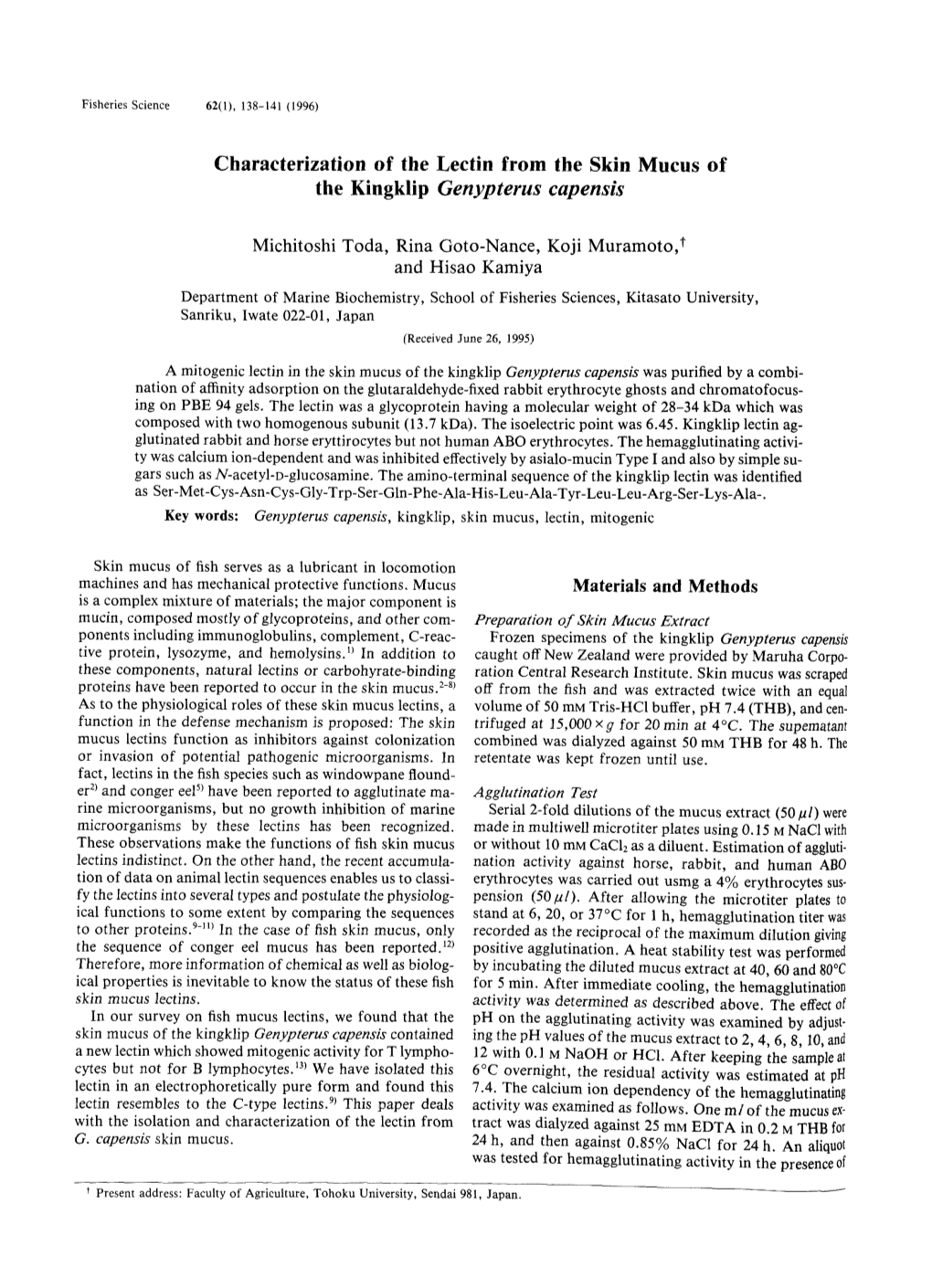 Characterization of the Lectin from the Skin Mucus of the Kingklip Genypterus Capensis