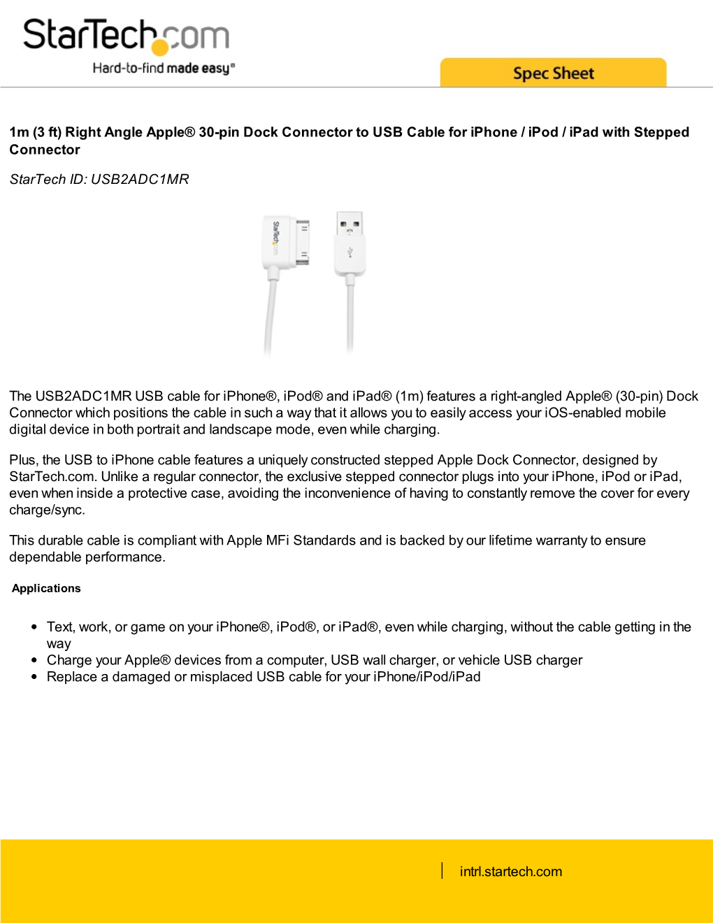 Right Angle Apple® 30-Pin Dock Connector to USB Cable for Iphone / Ipod / Ipad with Stepped Connector