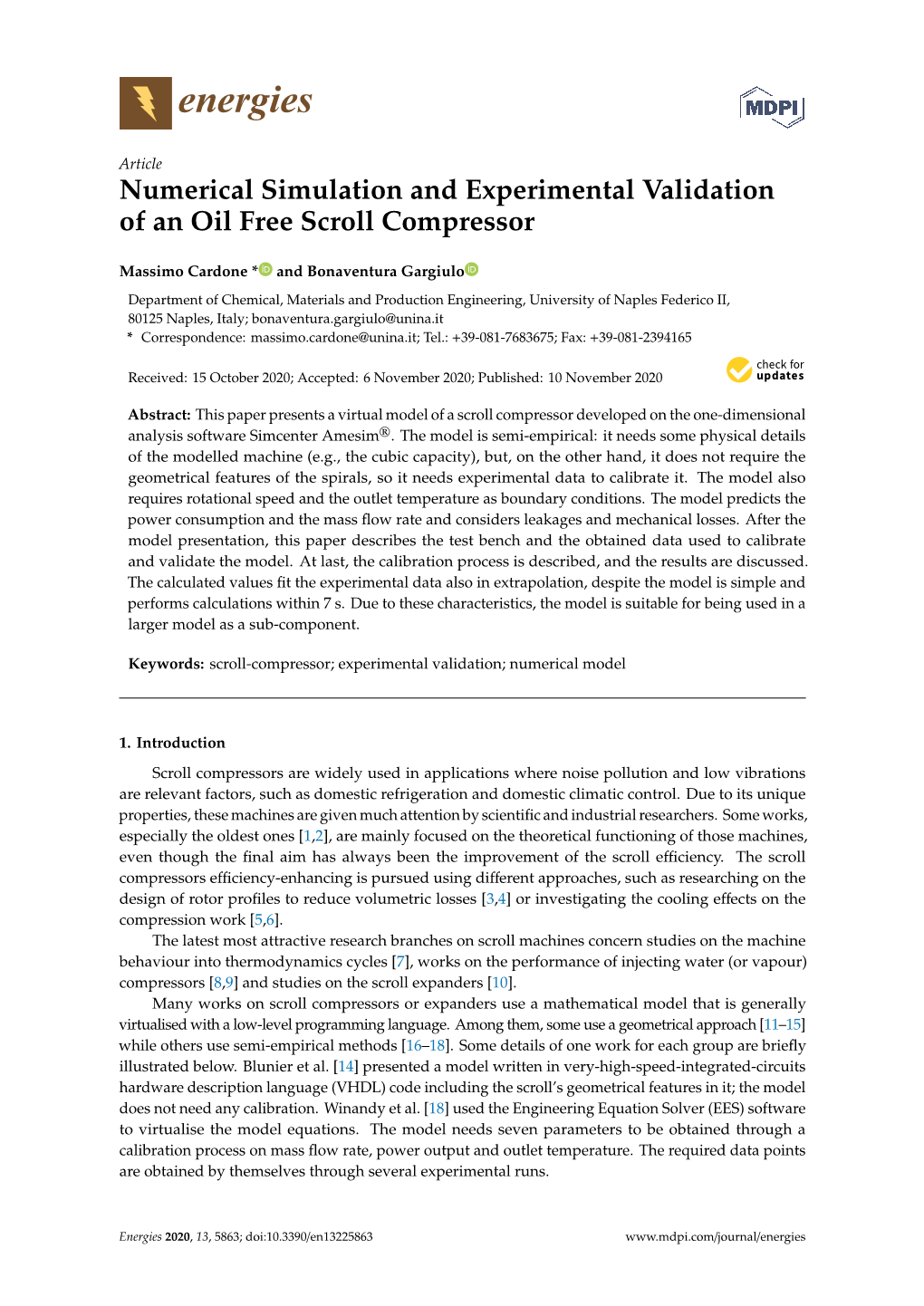 Numerical Simulation and Experimental Validation of an Oil Free Scroll Compressor