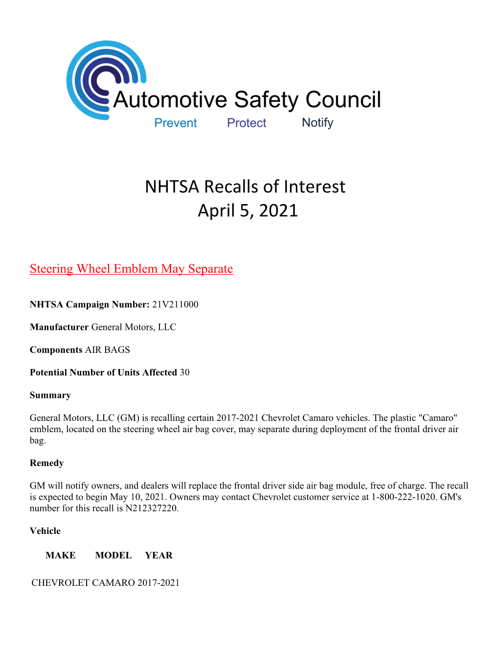 NHTSA Recalls of Interest April 5, 2021