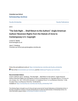 The Sole Right ... Shall Return to the Authors": Anglo-American Authors' Reversion Rights from the Statute of Anne to Contemporary U.S