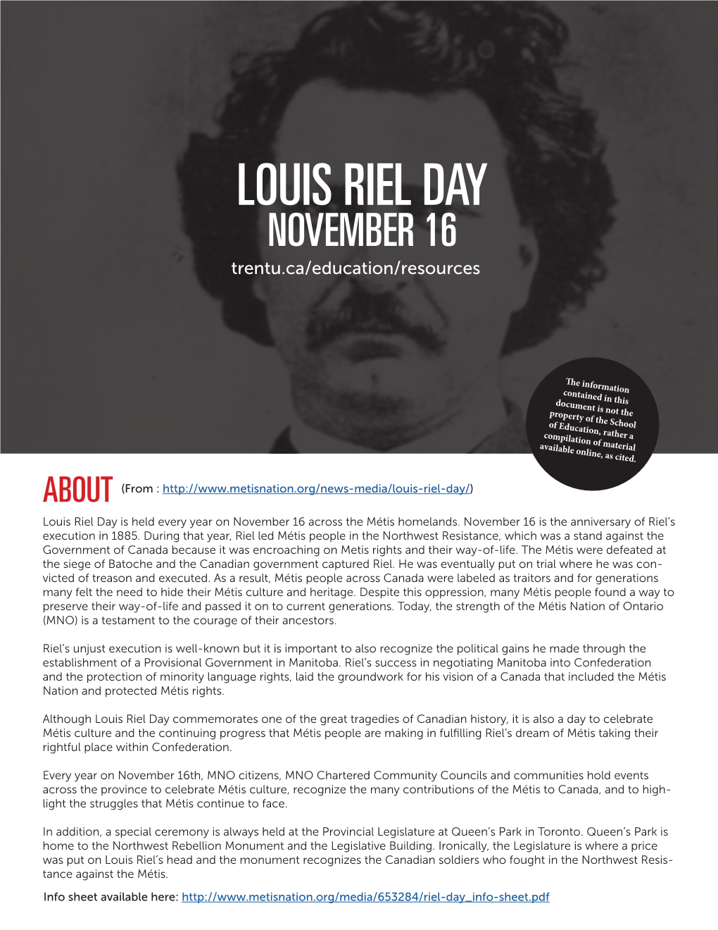LOUIS RIEL DAY NOVEMBER 16 Trentu.Ca/Education/Resources