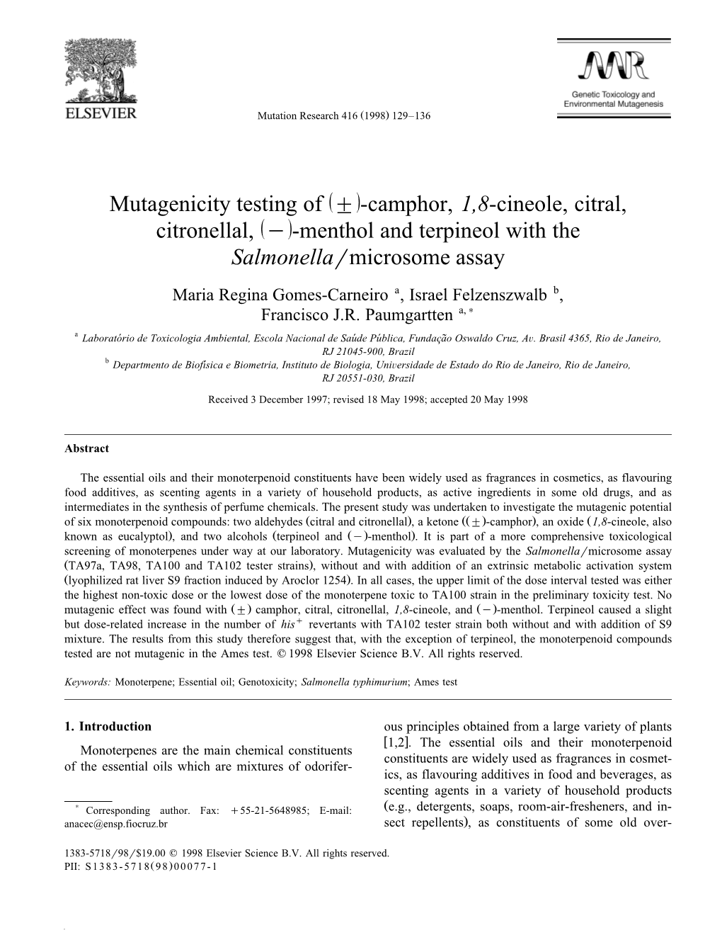 Ž / Mutagenicity Testing of " -Camphor, 1,8-Cineole, Citral, Ž / Citronellal, Y