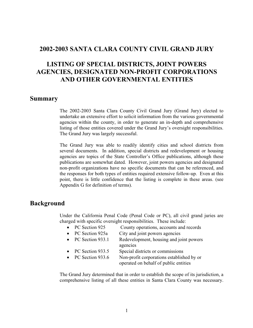 2002-2003 Santa Clara County Civil Grand Jury Listing Of