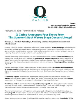 Q Casino Announces Four Shows from This Summer's Back Waters