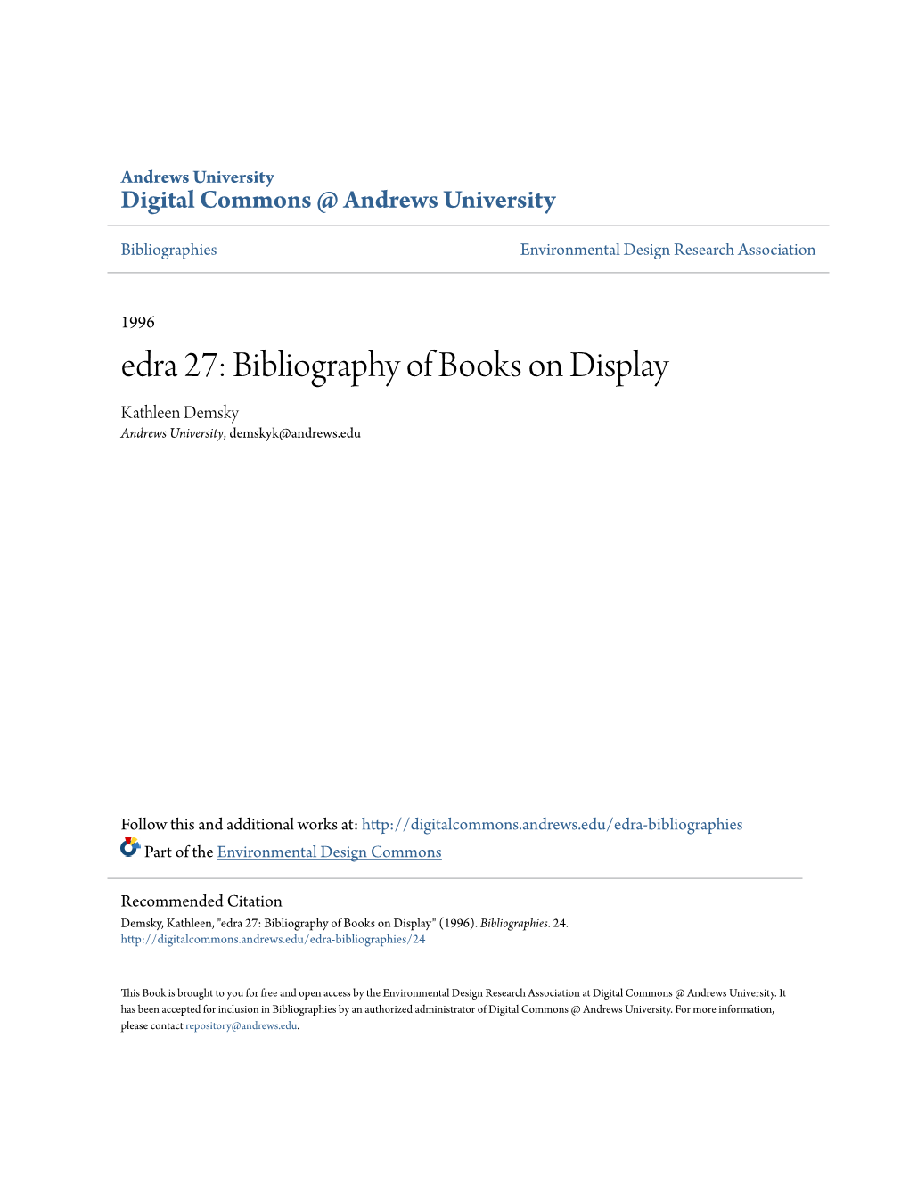 Edra 27: Bibliography of Books on Display Kathleen Demsky Andrews University, Demskyk@Andrews.Edu