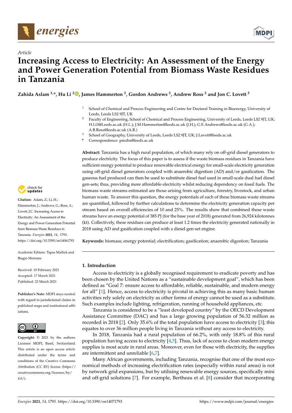 Increasing Access to Electricity: an Assessment of the Energy and Power Generation Potential from Biomass Waste Residues in Tanzania