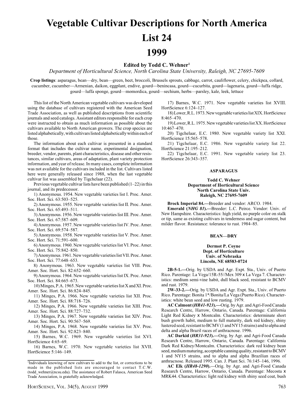 Vegetable Cultivar Descriptions for North America, List 24, 1999