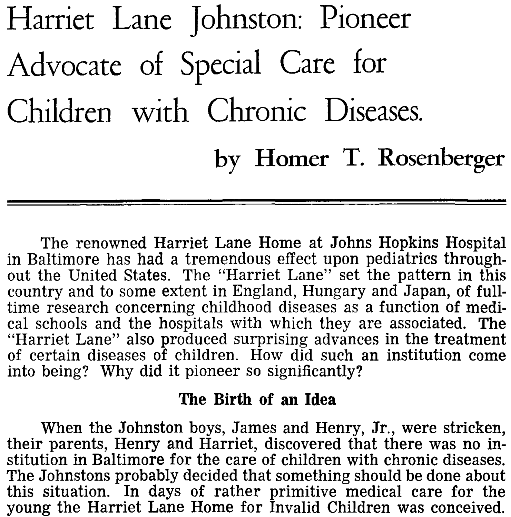 Harriet Lane Johnston: Pioneer Advocate of Special Care for Children with Chronic Diseases