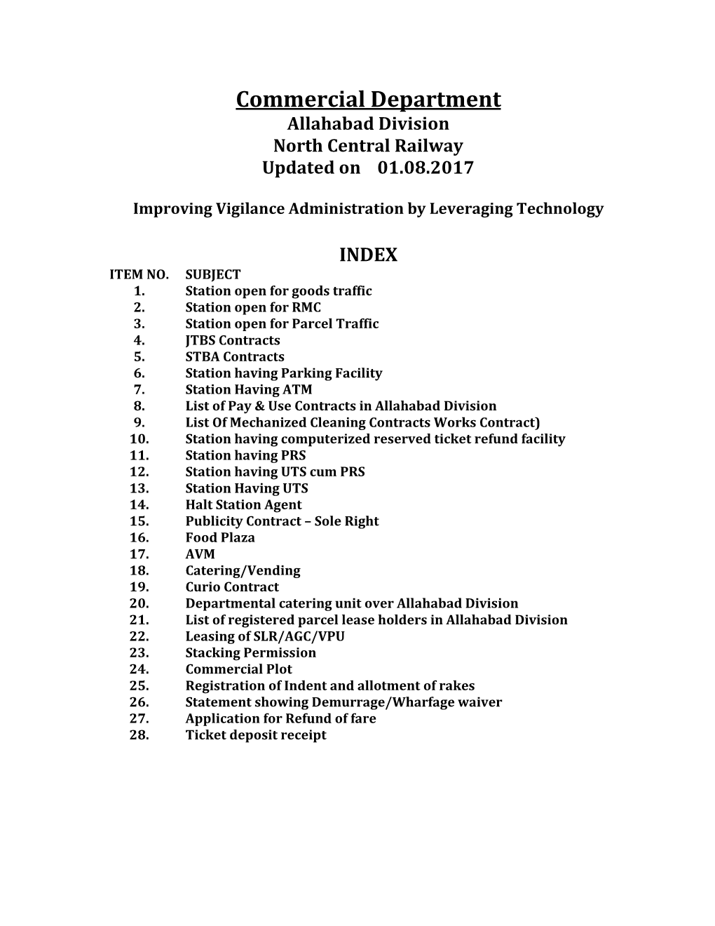 Commercial Department Allahabad Division North Central Railway Updated on 01.08.2017