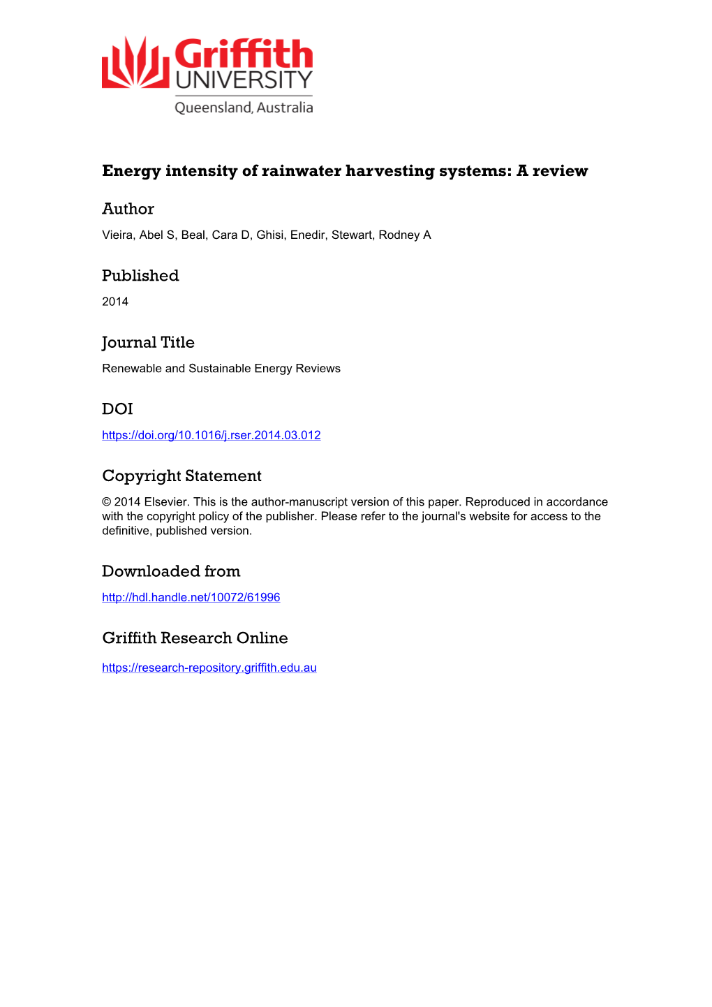 Energy Intensity of Rainwater Harvesting Systems: a Review