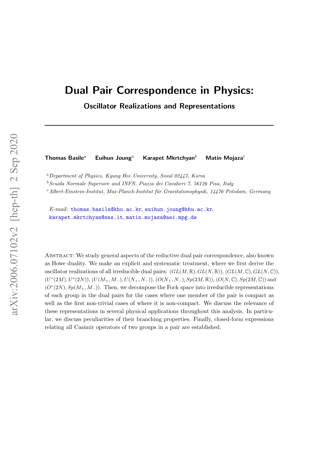 [Hep-Th] 2 Sep 2020 Dual Pair Correspondence in Physics